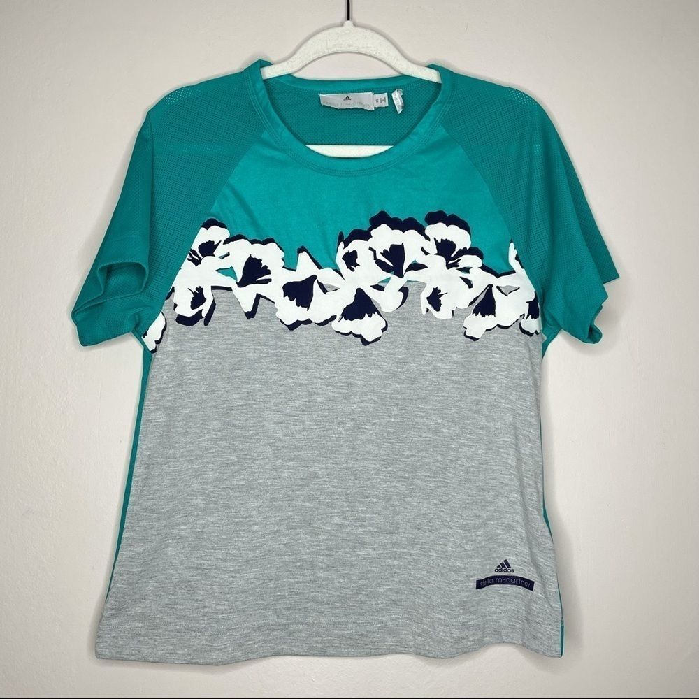 Adidas Stella McCartney climalite teal gray mesh active floral shirt